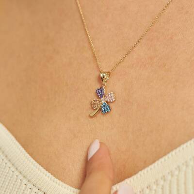 Renkli Taşlı Yonca Altın Kolye Ucu - 1