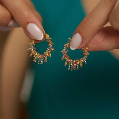 Saçaklı Üç Renk Dorika Toplu Altın Halka Küpe - 2