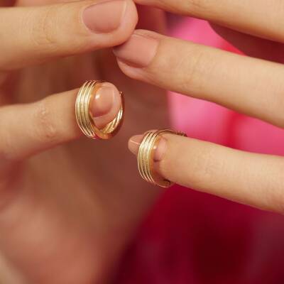 Şeritli Altın Halka Küpe - 2