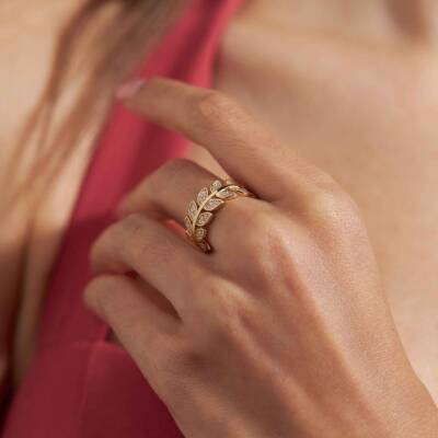 Sıralı Yaprak Tasarım Şık Altın Yüzük - 1