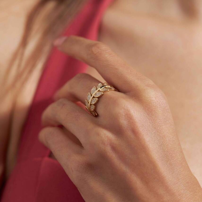 Sıralı Yaprak Tasarım Şık Altın Yüzük - 1