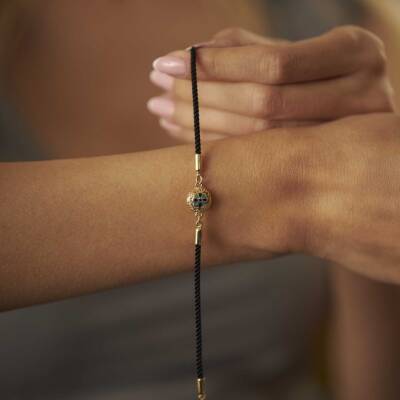 Siyah İpli Mavi Minli Papatya Altın Bileklik - 1