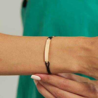 Siyah İpli Yazı Yazılabilen Plaka Altın Bileklik - 1