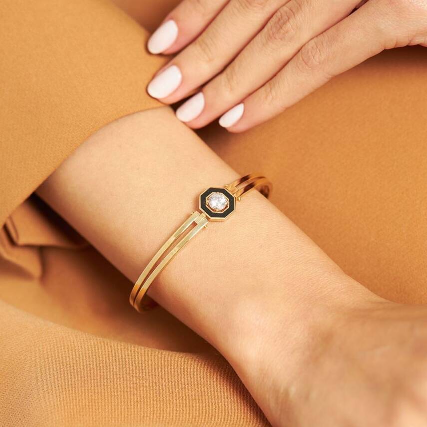 Siyah Mineli Baget Taşlı Altın Kelepçe Bilezik - 1