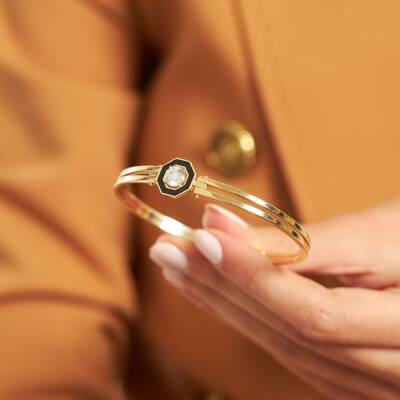 Siyah Mineli Baget Taşlı Altın Kelepçe Bilezik - 2