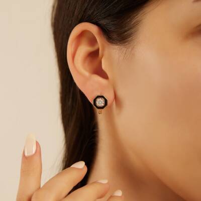 Siyah Mineli Baget Taşlı Altın Küpe - 1