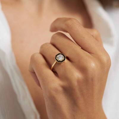 Siyah Mineli Baget Taşlı Altın Yüzük - 1