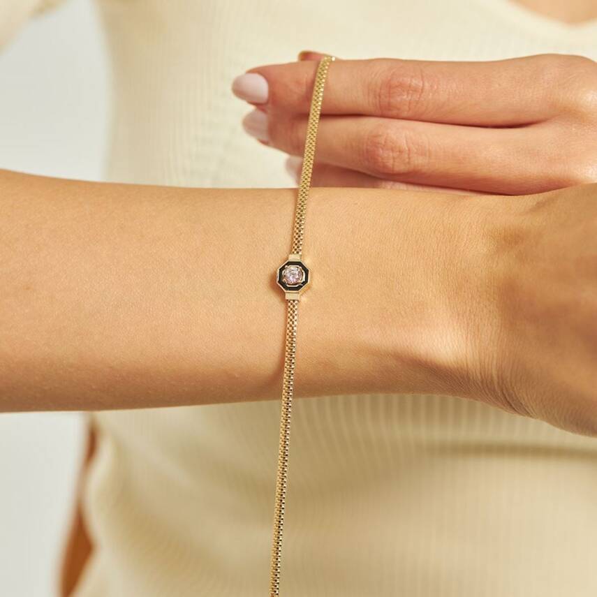 Siyah Mineli Baget Taşlı Hasır Zincir Altın Bileklik - Semih Haşhaş Kuyumculuk