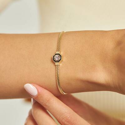 Siyah Mineli Baget Taşlı Hasır Zincir Altın Bileklik - 2