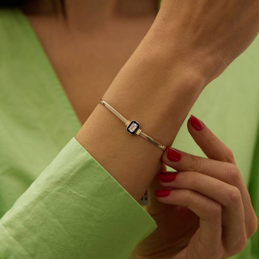 Siyah Mineli Dikdörtgen Baget Taşlı Balıksırtı Zincir Bileklik - Semih Haşhaş Kuyumculuk