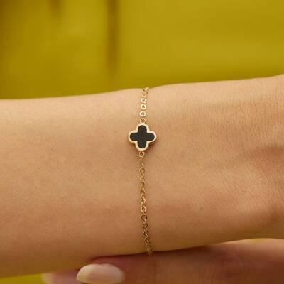 Siyah Mineli Minimal Yonca Altın Bileklik - 2