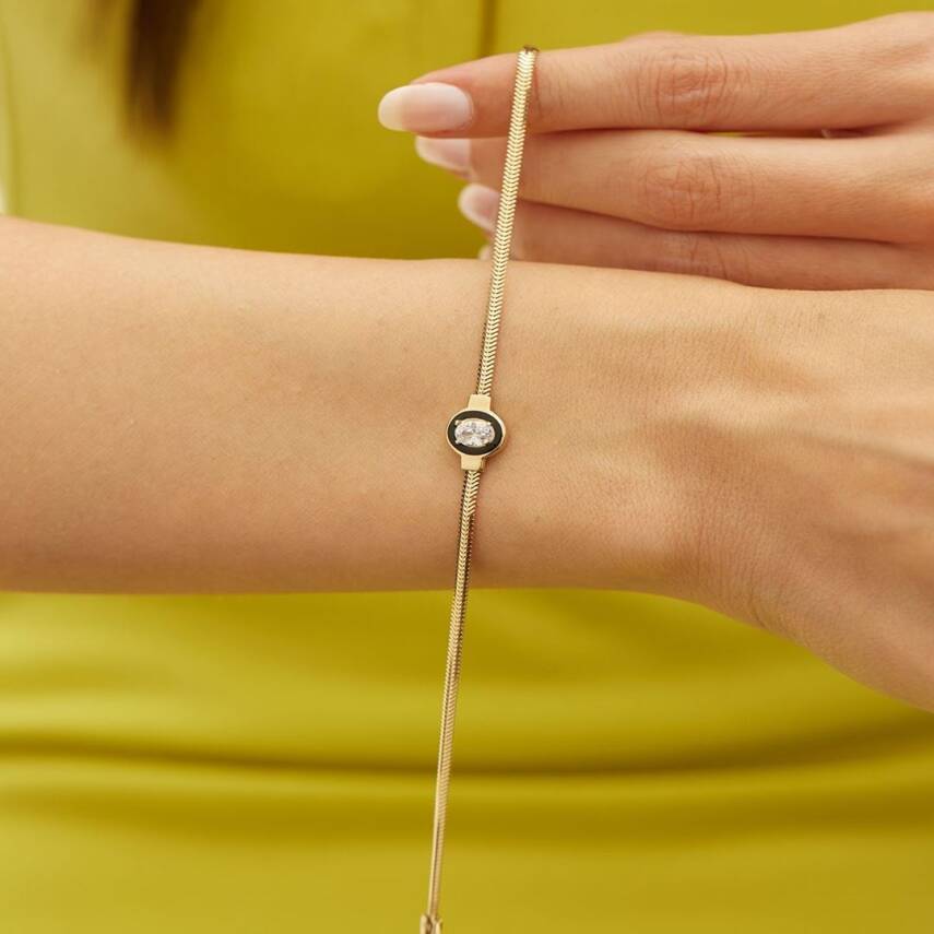 Siyah Mineli Oval Baget Taşlı Balıksırtı Zincir Altın Bileklik - Semih Haşhaş Kuyumculuk