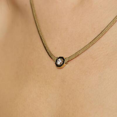 Siyah Mineli Taşlı Altın İtalyan Zincir Kolye - 2