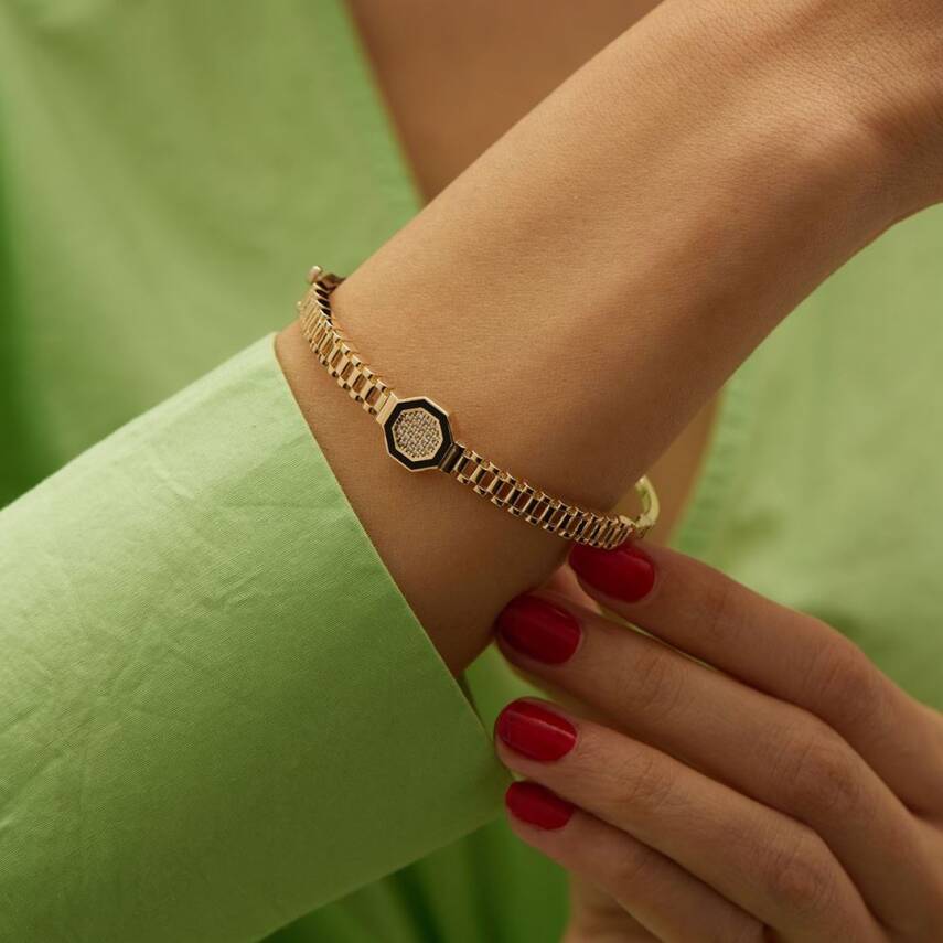 Siyah Mineli Taşlı Kemer Tasarım Altın Kelepçe Bilezik - Semih Haşhaş Kuyumculuk