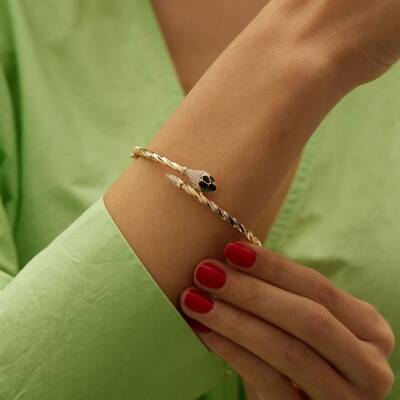 Siyah Mineli Taşlı Yılan Altın Kelepçe Bilezik - 1