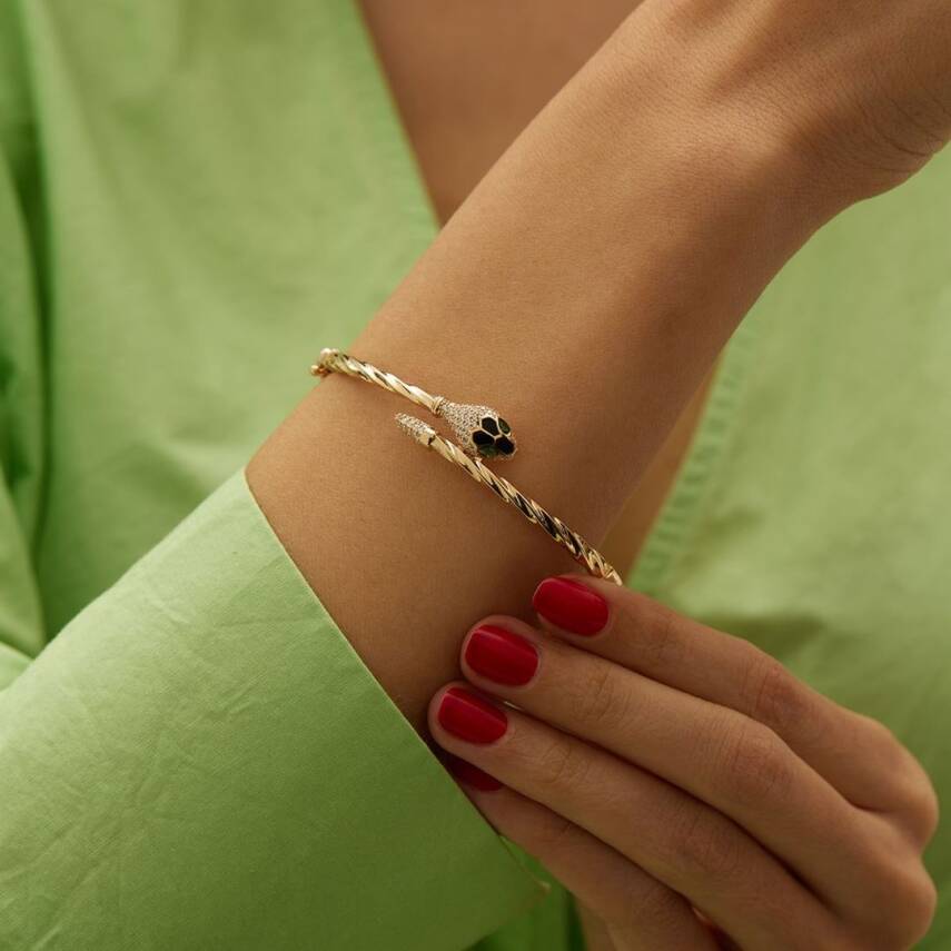 Siyah Mineli Taşlı Yılan Altın Kelepçe Bilezik - 1