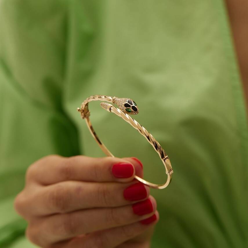 Siyah Mineli Taşlı Yılan Altın Kelepçe Bilezik - 2