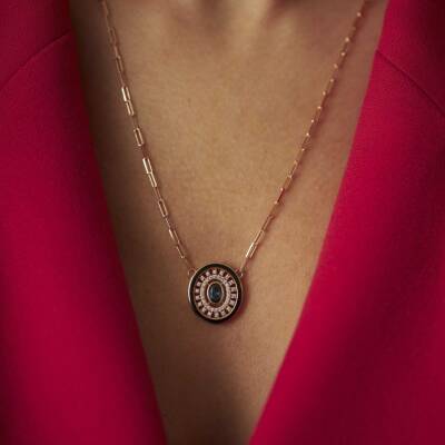 Siyah Mineli Taşlı Yuvarlak Altın Kolye - 1