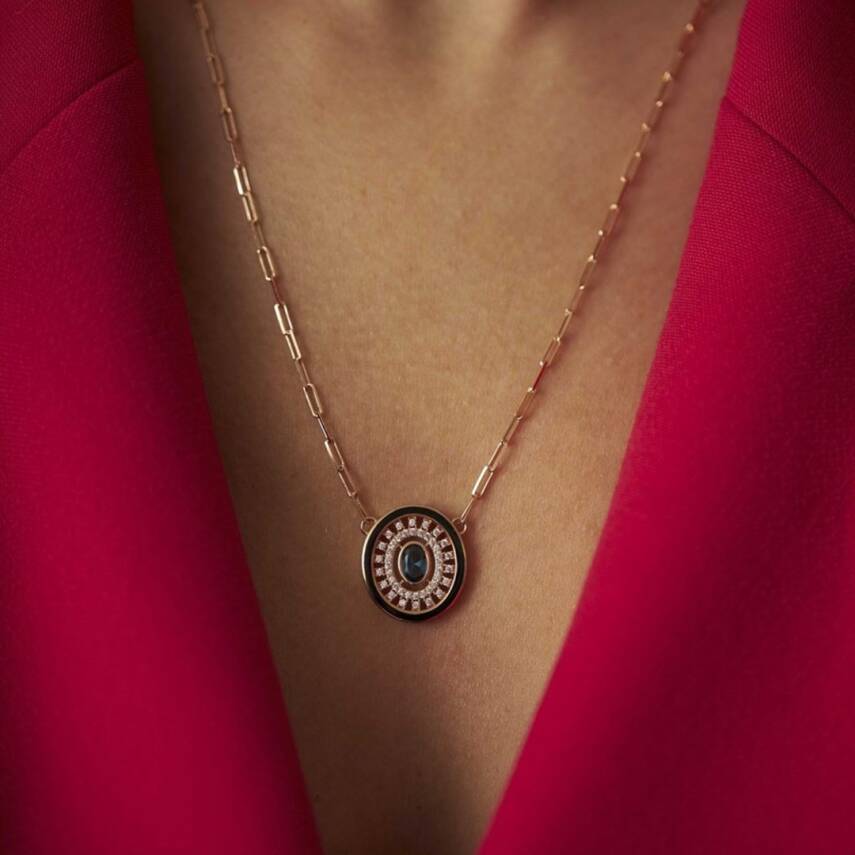 Siyah Mineli Taşlı Yuvarlak Altın Kolye - 1