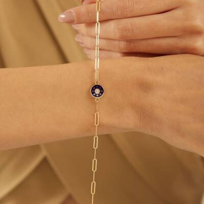 Siyah Mineli Yıldız Detaylı Ataş Zincir Altın Bileklik - 1