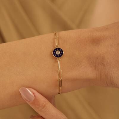 Siyah Mineli Yıldız Detaylı Ataş Zincir Altın Bileklik - 2