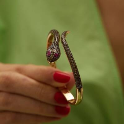 Siyah Taşlı Yılan Altın Kelepçe - 3