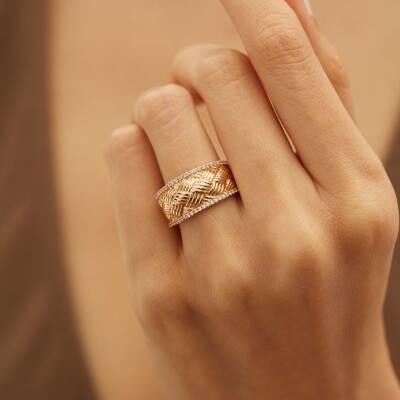 Taş Detaylı Hasır Formlu Altın Yüzük - 1