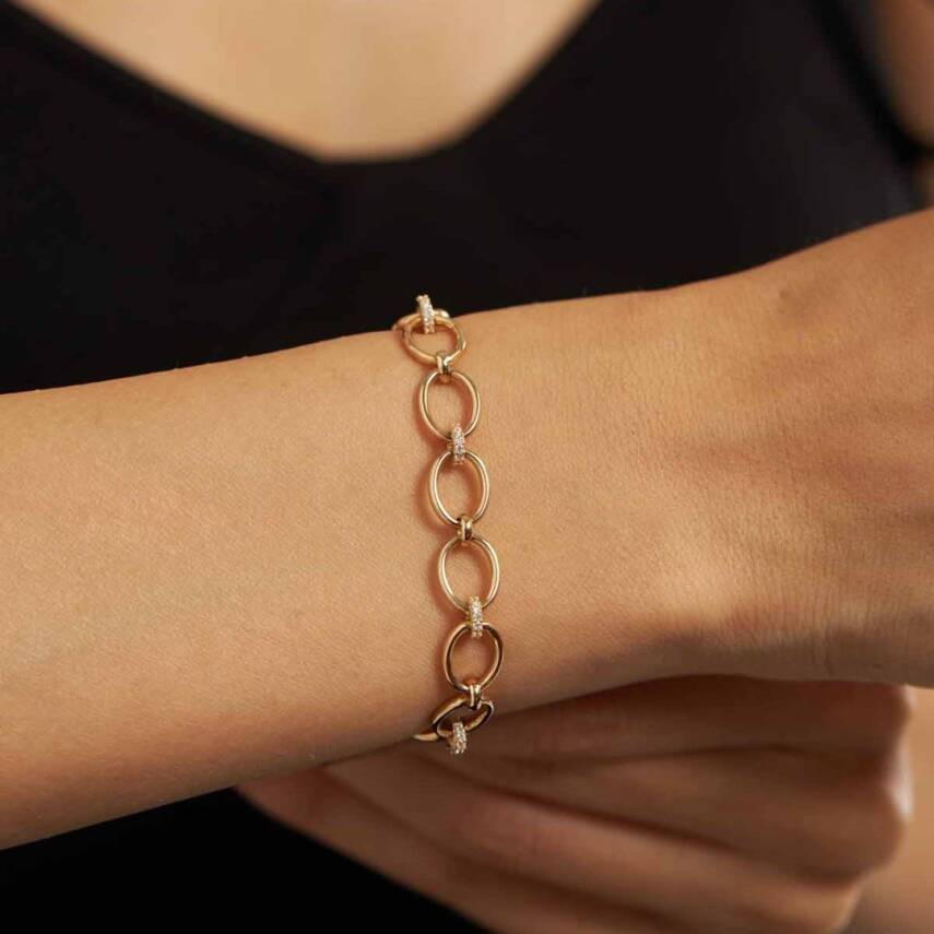 Taş Detaylı Oval Halka Altın Bileklik - Semih Haşhaş Kuyumculuk