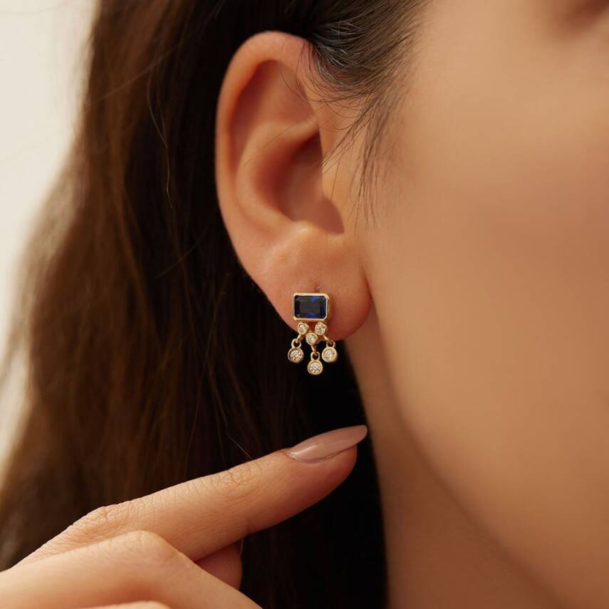 Taş Sallantılı Lacivert Taşlı Altın Küpe - 1