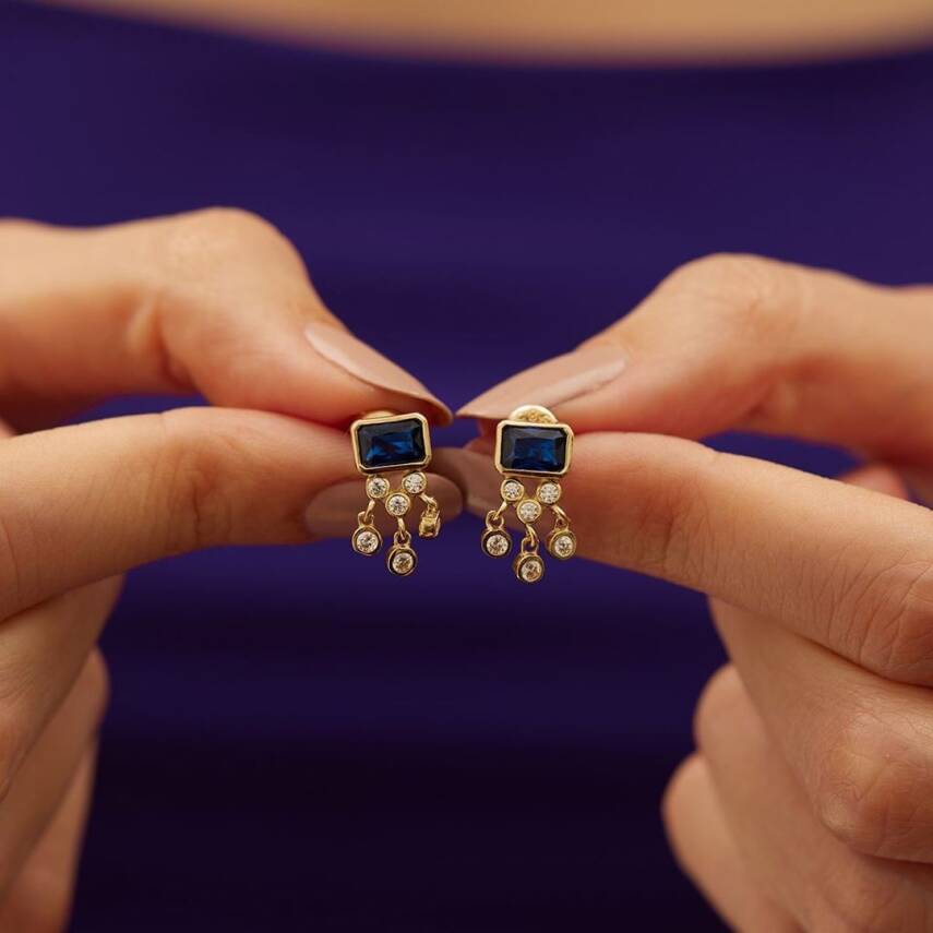 Taş Sallantılı Lacivert Taşlı Altın Küpe - 2