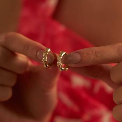 Taşlı Altın Kemik Küpe - 2