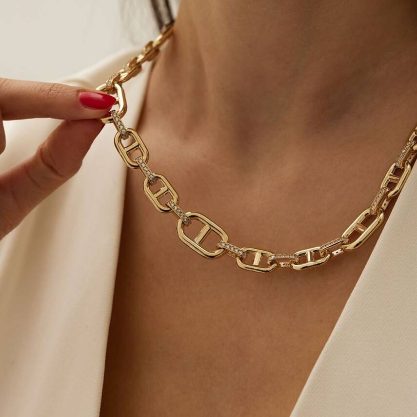 Taşlı Altın Tasarım Zincirli İri Kolye - 2