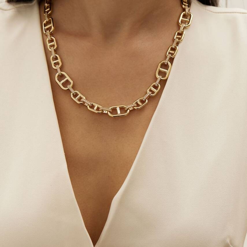 Taşlı Altın Tasarım Zincirli İri Kolye - 1