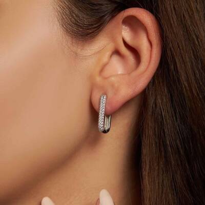 Taşlı Ataş Beyaz Altın Küpe - 1