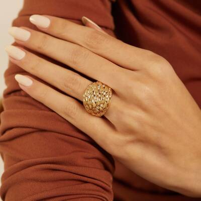 Taşlı Bombeli Damla Model Altın Yüzük - 1