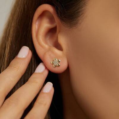 Taşlı Çiçek Altın Küpe - 1