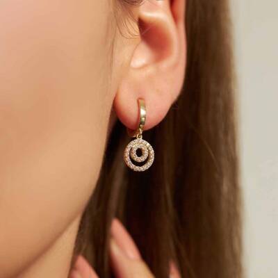 Taşlı Çift Halka Sallantılı Altın Küpe - 1