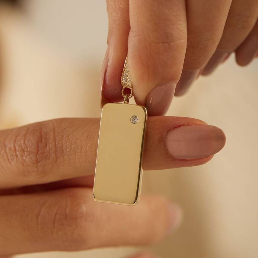 Taşlı Dikdörtgen Plaka Altın Kolye Ucu - Semih Haşhaş Kuyumculuk