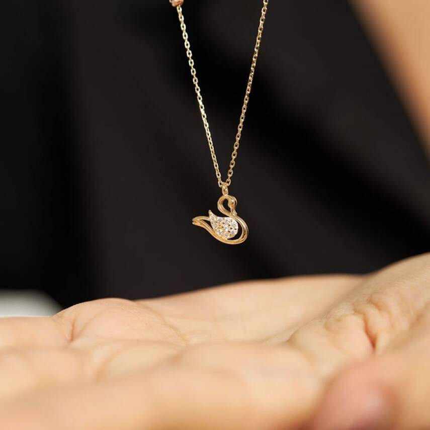 Taşlı Dorikalı Kuğu Altın Kolye - ALTINBAŞ (1)