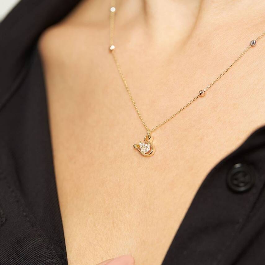 Taşlı Dorikalı Kuğu Altın Kolye - ALTINBAŞ