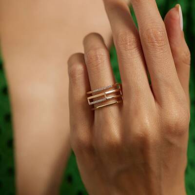 Taşlı Geometrik Tasarımlı Altın Yüzük - 3