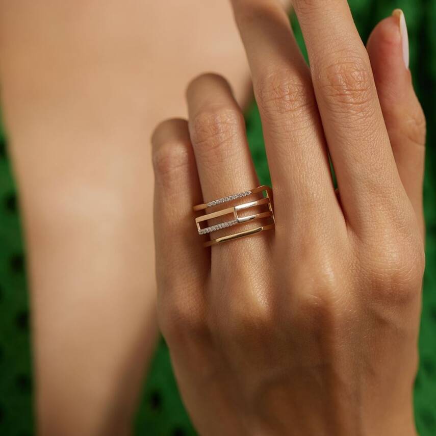 Taşlı Geometrik Tasarımlı Altın Yüzük - 3