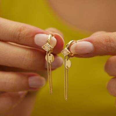 Taşlı Göz Detaylı Sallantılı Altın Küpe - 1