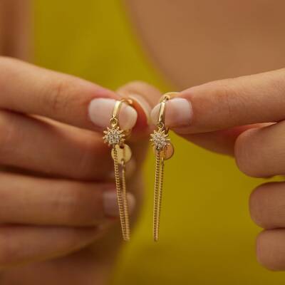 Taşlı Güneş Formlu Sallantılı Altın Küpe - 1