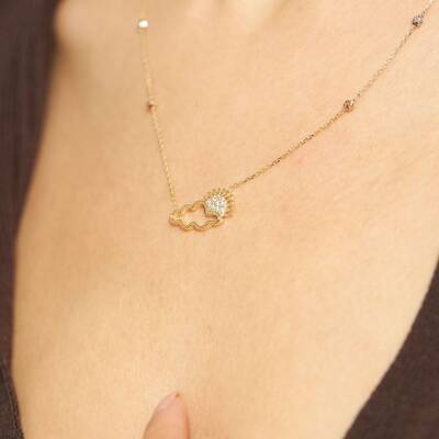 Taşlı Güneş Ve Bulutlu Dorikalı Altın Kolye - 1