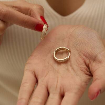 Taşlı Halka Altın Küpe - 3