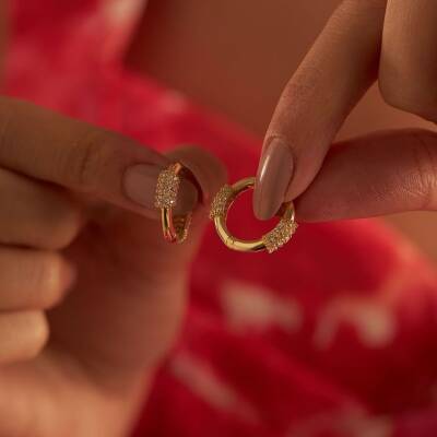 Taşlı Halka Altın Küpe - 2