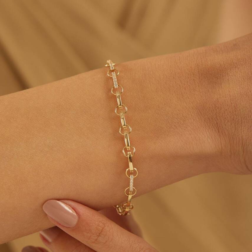Taşlı Halka Zincirli Altın Bileklik - 2