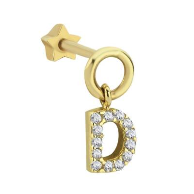 Taşlı Harf Sallantılı Altın Tragus Piercing - 1