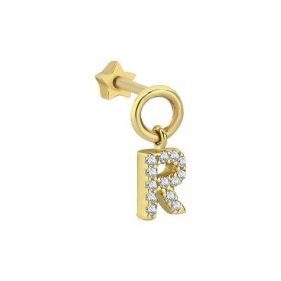 Taşlı Harf Sallantılı Altın Tragus Piercing - 1